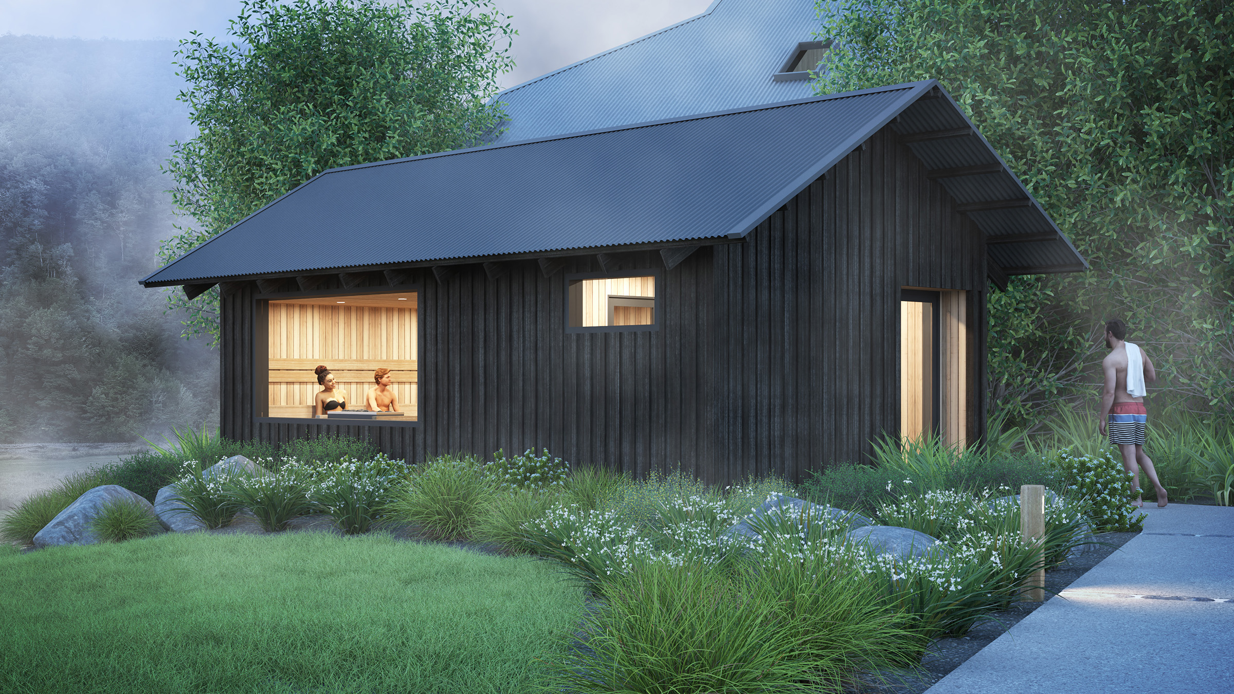 3D Architectural Render / Visualisation of Maruia Hot Springs Sauna Exterior. Prepared by Method Visual, Christchurch, New Zealand.