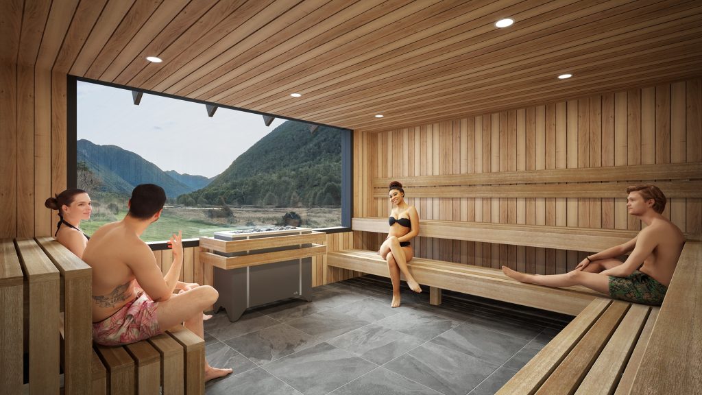 3D Architectural Render / Visualisation of Maruia Hot Springs Sauna Interior. Prepared by Method Visual, Christchurch, New Zealand.
